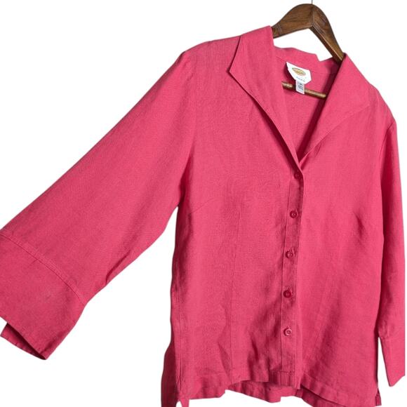 Talbots Irish Linen Button Front Top 16 Pink 3/4 Sleeve V Neck Collared - Picture 3 of 8